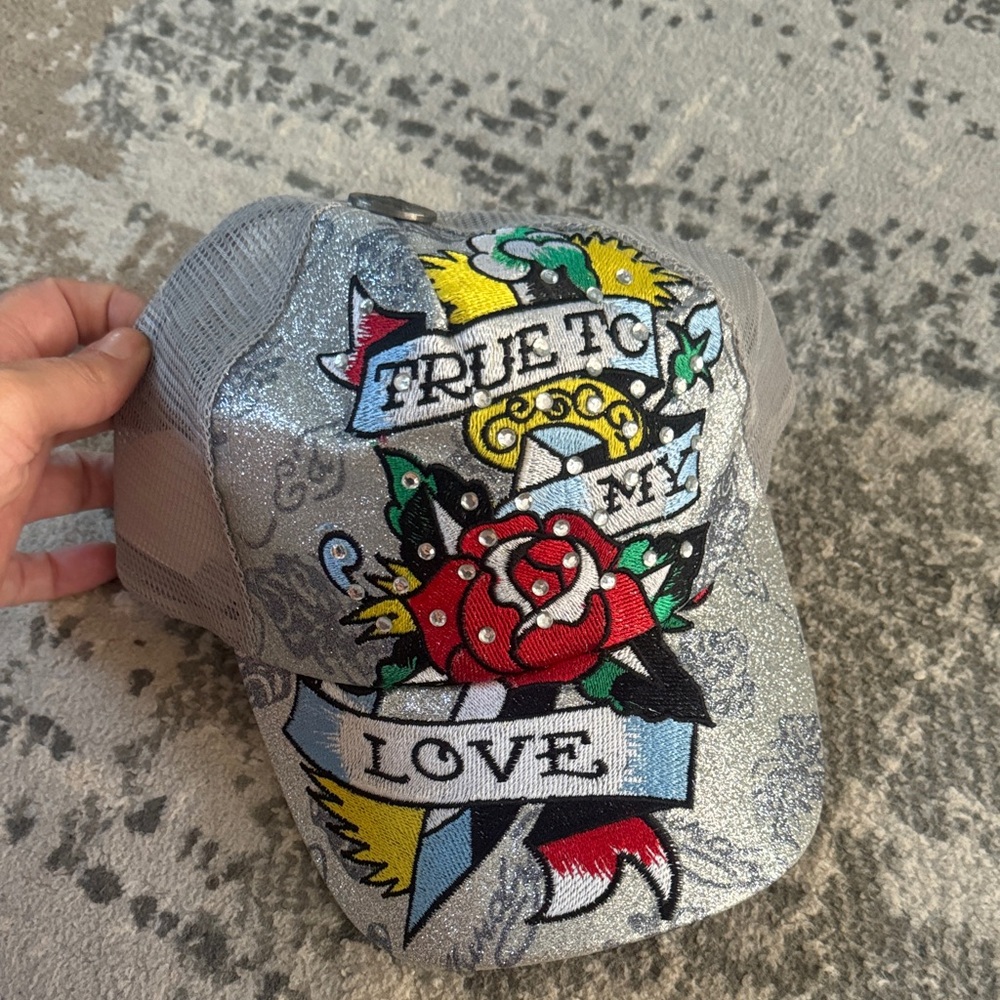 Ed Hardy Silver Trucker Hat with Tattoo Art